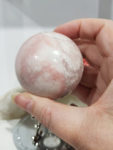 Load image into Gallery viewer, Pink Opal Sphere Crystal Carving on Silver Stand Stone 60mm 1
