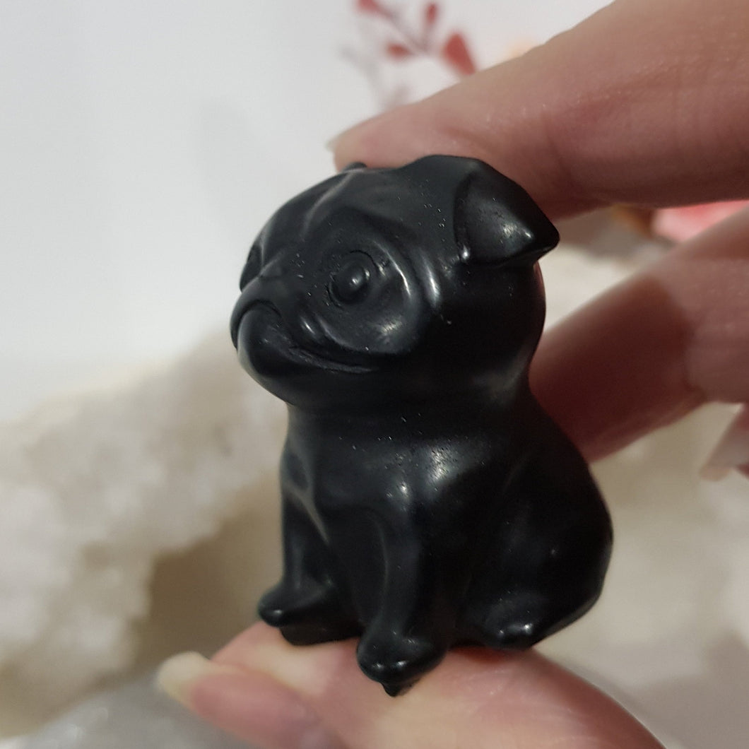 Dog Pug Black Obsidian Crystal Carving 40mm