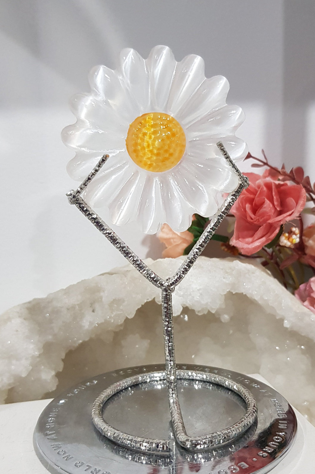 Daisy Selenite Crystal Carving on Stand Stone 130mm 2 flower