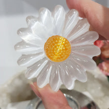 Load image into Gallery viewer, Daisy Selenite Crystal Carving on Stand Stone 130mm 2 flower
