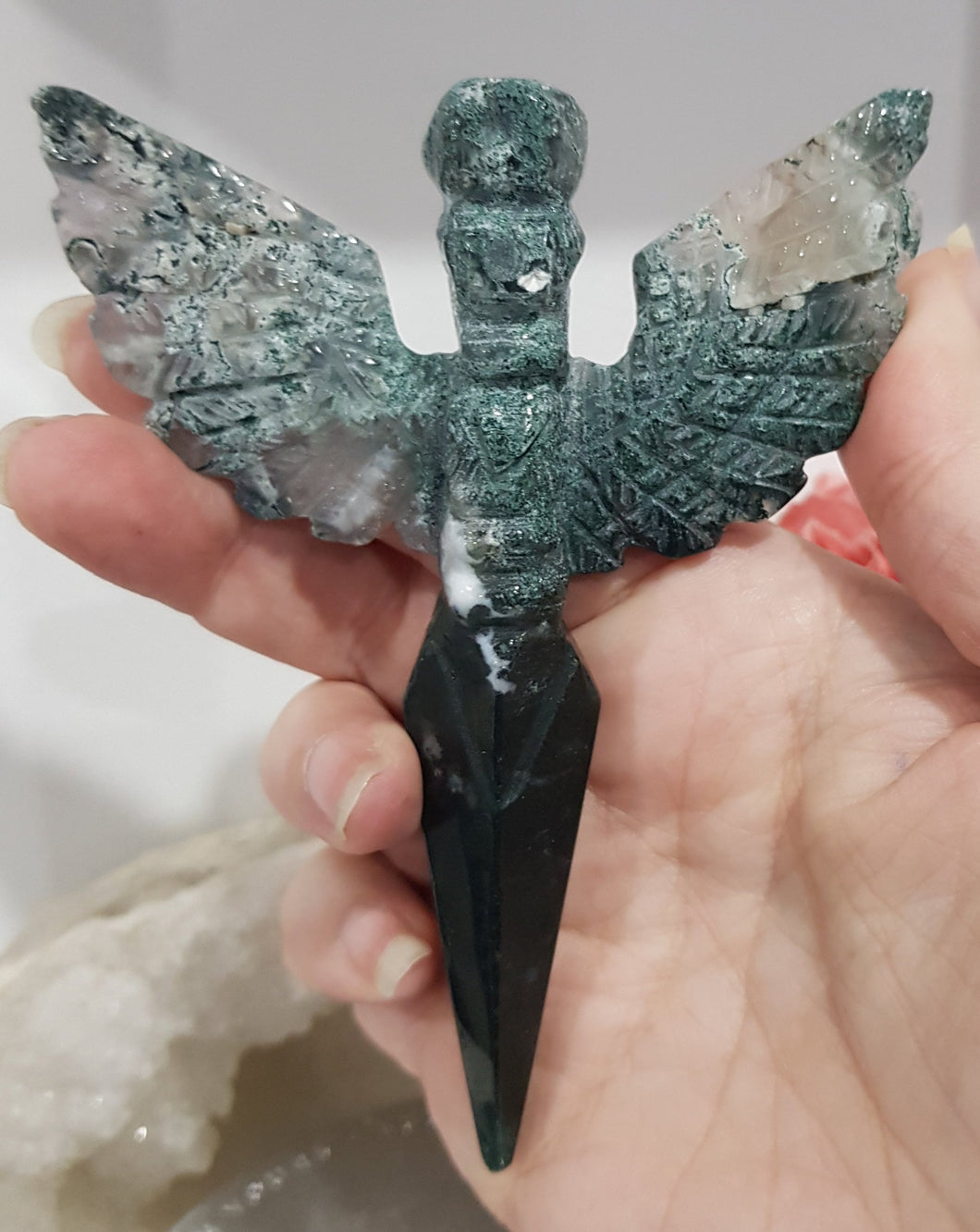 DAGGER WITH ANGEL WINGS Moss Agate Crystal Carving Stone 110mm 1