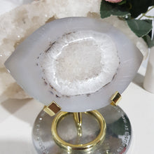 Load image into Gallery viewer, Evil Eye Agate Crystal Carving Stone on Gold Stand 105mm 5 GORGEOUS
