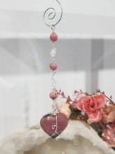 Load image into Gallery viewer, COMPASSION / BALANCE / SPIRITUALITY - Rhodonite Heart Crystal Silver Wired Energy Enhancer / Hanger / Sun Catcher 170mm EE53
