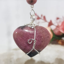 Load image into Gallery viewer, COMPASSION / BALANCE / SPIRITUALITY - Rhodonite Heart Crystal Silver Wired Energy Enhancer / Hanger / Sun Catcher 170mm EE53
