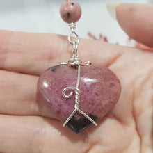 Load image into Gallery viewer, COMPASSION / BALANCE / SPIRITUALITY - Rhodonite Heart Crystal Silver Wired Energy Enhancer / Hanger / Sun Catcher 170mm EE53
