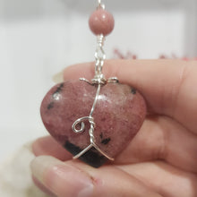 Load image into Gallery viewer, COMPASSION / BALANCE / SPIRITUALITY - Rhodonite Heart Crystal Silver Wired Energy Enhancer / Hanger / Sun Catcher 170mm EE53
