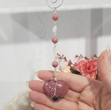 Load image into Gallery viewer, COMPASSION / BALANCE / SPIRITUALITY - Rhodonite Heart Crystal Silver Wired Energy Enhancer / Hanger / Sun Catcher 170mm EE53
