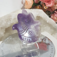 Load image into Gallery viewer, Hamsa Hand Amethyst Crystal Carving on stand 55mm 1
