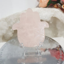 Load image into Gallery viewer, Hamsa Hand Rose Quartz Crystal Carving on stand 55mm 1
