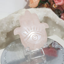 Load image into Gallery viewer, Hamsa Hand Rose Quartz Crystal Carving on stand 55mm 1
