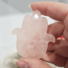 Load image into Gallery viewer, Hamsa Hand Rose Quartz Crystal Carving on stand 55mm 1
