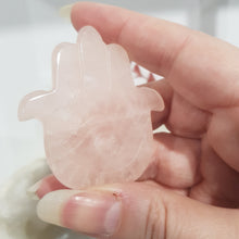 Load image into Gallery viewer, Hamsa Hand Rose Quartz Crystal Carving on stand 55mm 1
