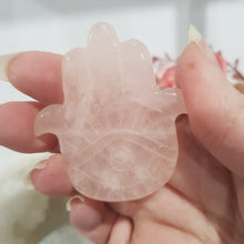 Load image into Gallery viewer, Hamsa Hand Rose Quartz Crystal Carving on stand 55mm 1
