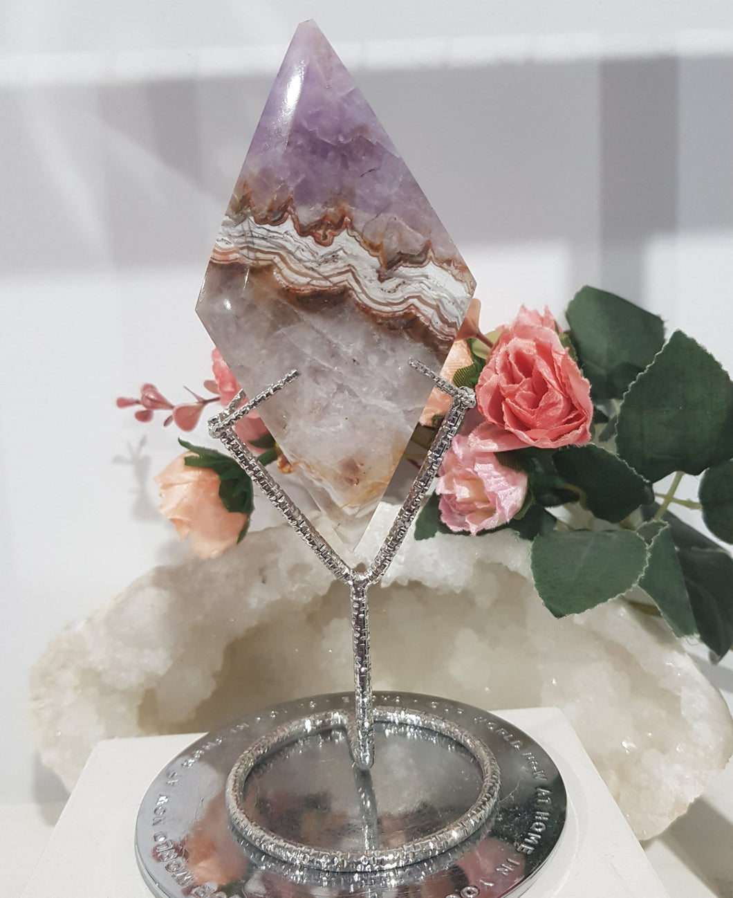 Amethyst Agate Diamond Crystal Carving on Silver Stand stone 160mm 3