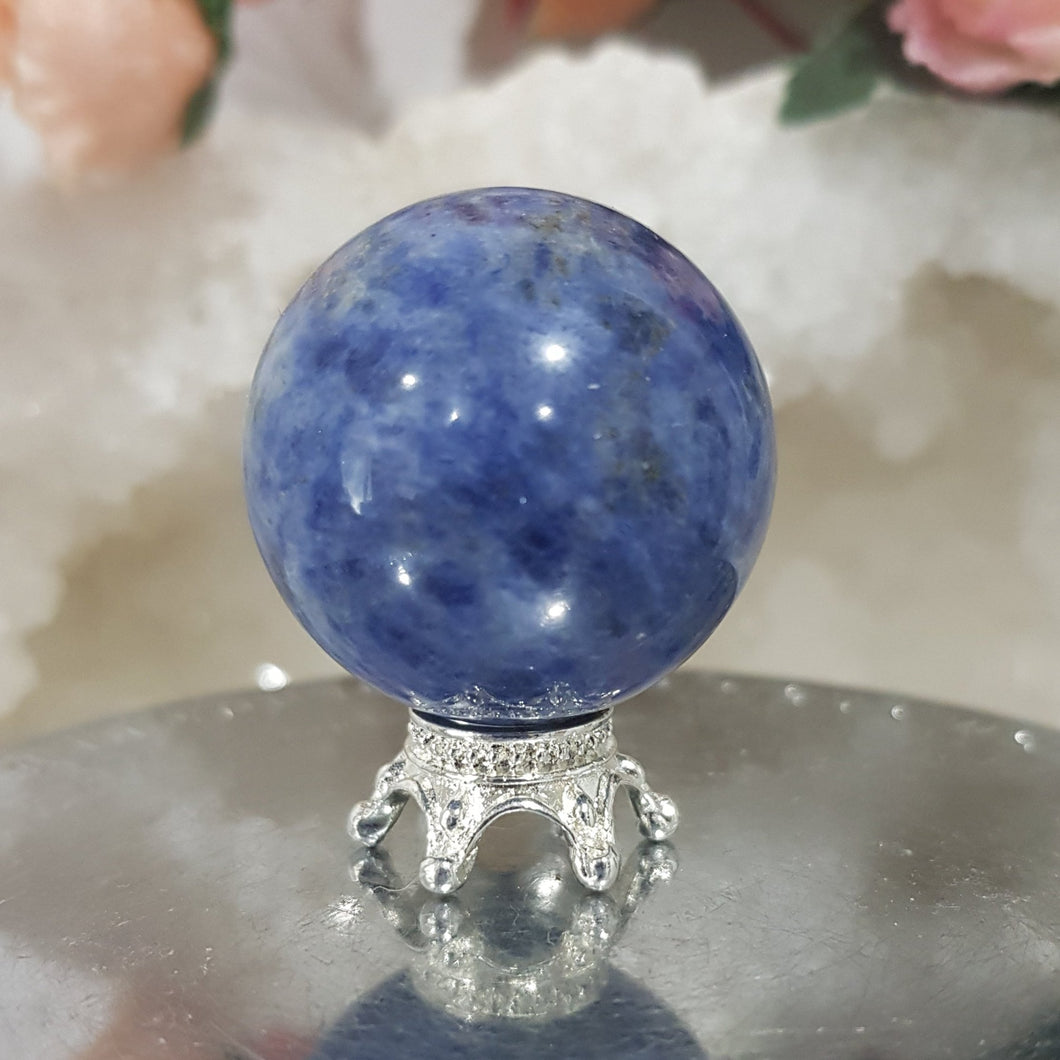 Sodalite Sphere Crystal Carving on Silver Stand 30mm 10