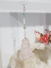 Load image into Gallery viewer, LOVE / GROUNDS / SPIRITUALITY - Rose Quartz Freeform Crystal Silver Wired Energy Enhancer / Hanger / Sun Catcher 200mm EE65
