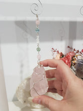 Load image into Gallery viewer, LOVE / GROUNDS / SPIRITUALITY - Rose Quartz Freeform Crystal Silver Wired Energy Enhancer / Hanger / Sun Catcher 200mm EE65
