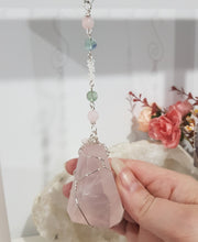 Load image into Gallery viewer, LOVE / GROUNDS / SPIRITUALITY - Rose Quartz Freeform Crystal Silver Wired Energy Enhancer / Hanger / Sun Catcher 200mm EE65
