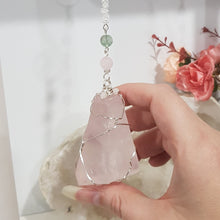 Load image into Gallery viewer, LOVE / GROUNDS / SPIRITUALITY - Rose Quartz Freeform Crystal Silver Wired Energy Enhancer / Hanger / Sun Catcher 200mm EE65
