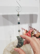 Load image into Gallery viewer, BALANCE / CALM / SPIRITUALITY - Moss Agate Moon Crystal Carving Silver Wired Energy Enhancer / Hanger / Sun Catcher 200mm EE56
