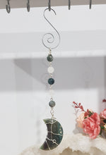 Load image into Gallery viewer, BALANCE / CALM / SPIRITUALITY - Moss Agate Moon Crystal Carving Silver Wired Energy Enhancer / Hanger / Sun Catcher 200mm EE56
