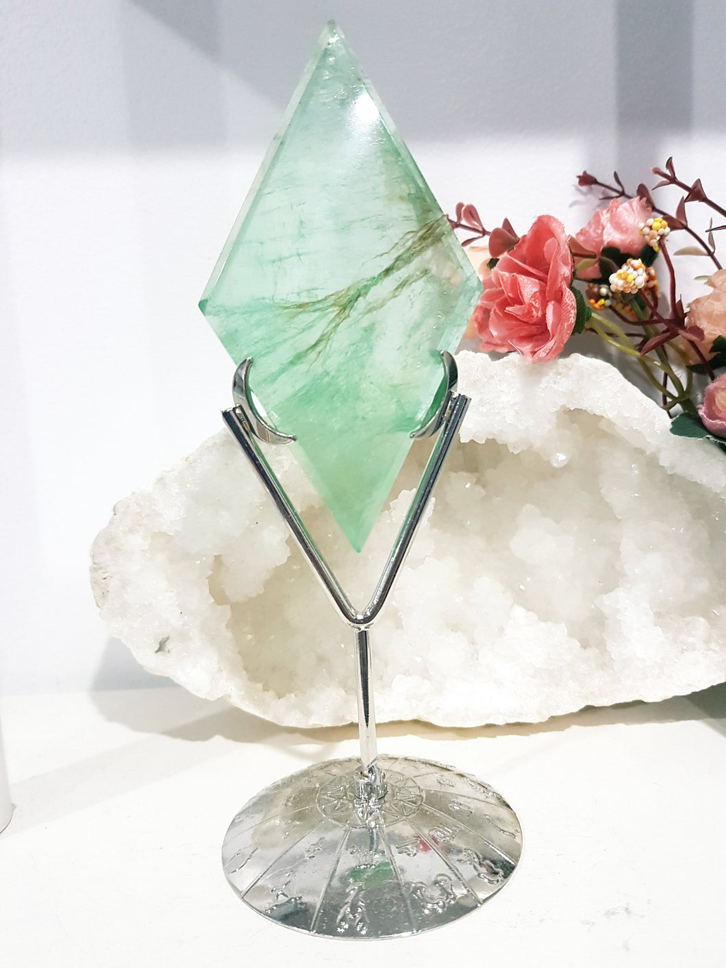 Green Fluorite Diamond Crystal Carving on Silver Stand 190mm 1