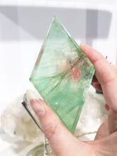 Load image into Gallery viewer, Green Fluorite Diamond Crystal Carving on Silver Stand 190mm 1
