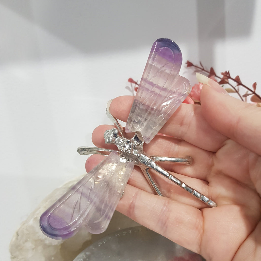 Dragonfly Crystal Fluorite Wings Crystal Carving Silver Stone 120mm 2