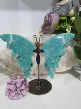 Load image into Gallery viewer, Amazonite Butterfly Wings Crystal Carving on Stand.  Inspires Hope &amp; Disperses Fear
