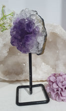 Load image into Gallery viewer, Gorgeous Amethyst Crystal Cluster Stone On stand. So sparkly and great display piece. 
