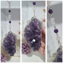 Load image into Gallery viewer, THE SEER AMULET - handcrafted Amethyst Cluster silver Crystal Energy Enhancer© Hanger Ornament Suncatcher

INTUITION / SPIRITUALITY / TRUST

Gorgeous Large Amethyst Cluster beaded with Amethyst, quartz and rose quartz. Wired in Silver
