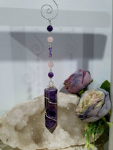 Load image into Gallery viewer, Crystal Suncatchers - WAND OF INSIGHT - Handcrafted Amethyst Tower Point Stone Silver Crystal Energy Enhancer© Hanger Ornament Suncatcher.  Beaded with Amethyst and rose quartz. Inspires insight and spiritality
