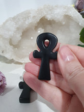 Load image into Gallery viewer, Beautiful polished Black Obsidian Ankh Crystal Carving Stone. known as the Key of life. Inspires Protection and Balance. 50mm
