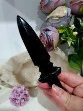 Load image into Gallery viewer, Beautiful Athame Dagger Black Obsidian Crystal Carving Stone. Inspires Protection and Balance
