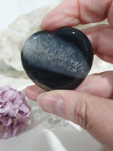 Load image into Gallery viewer, Lovely Black Agate Heart Crystal Carving on Stand. Gorgeous Quartz inclusions. Inspires Courage and Good Fortune 
