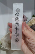 Load image into Gallery viewer, Selenite Cleansing Crystal Slab with Silver Chakra Symbols Stone. Inspires Connection to the Angelic Realms

Beautiful Selenite Slab with Embossed Chakra Symbols.. Perfect to cleanse your space and crystals
