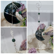 Load image into Gallery viewer, The Grounding Moon Crystal Energy Enhancer Suncatcher. Stunning Moss agate Moon beaded with Moss Agate and quartz.  Hang in your home or space and feel the ambient energy. Great Crystal gift idea. 
