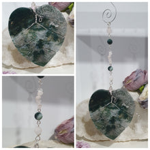 Load image into Gallery viewer, LEAF OF RENEWAL Moss Agate Leaf silver Crystal Energy Enhancer© Hanger Ornament Suncatcher, Inspires Spiritual Growth, Love &amp; Balance. Beaded with Moss Agate and Rose Quartz. Crystal Suncatchers

