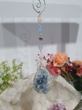 Load image into Gallery viewer, Gorgeous Blue Celestite Crystal Egg specimen Crystal Energy Enhancer / suncatcher beaded with Rose Quartz. Blue Jade and Hematite. Promote Divine Connection, harmony and spirituality. 
