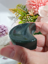 Load image into Gallery viewer, Moon Bowl Moss Agate Crystal Carving Stone. Inspires tranquility and grounding.

Beautiful polished Moss Agate Moon Bowl Crystal Carving
