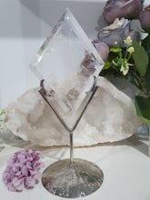 Load image into Gallery viewer, Diamond Crystal Carving Quartz Stone on Silver Stand 180mm | Inspires Power, Purity and Spirituality RAINBOWS
