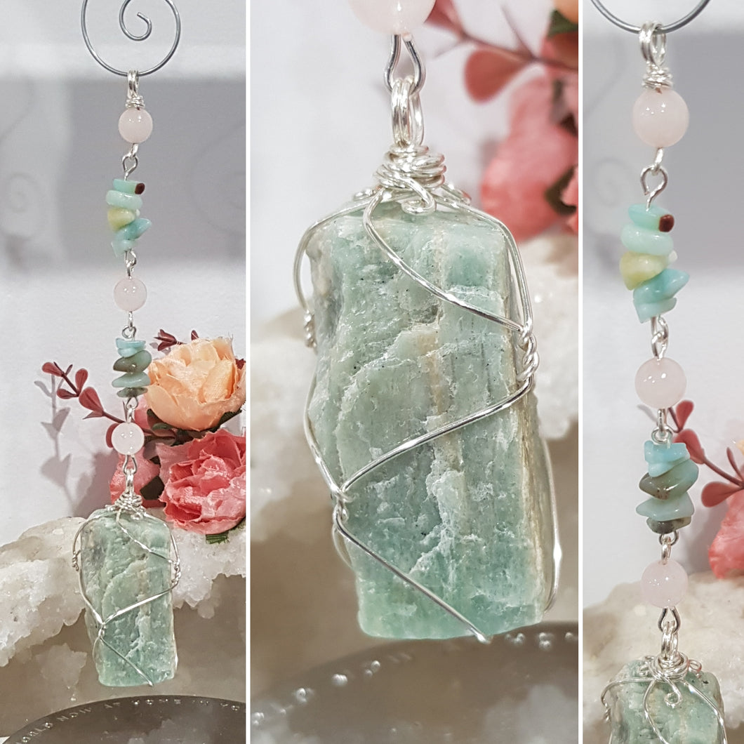 Amazonite Crystal Rough silver wired Energy Enhancer gemstone Suncatcher hanger 210mm 1