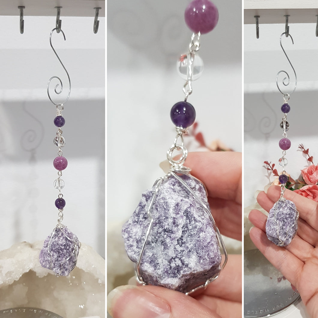 TRANSITION / SPIRITUAL AWAKENING Lepidolite Crystal Rough Silver Wired Energy Enhancer Sun Catcher Ornament 1