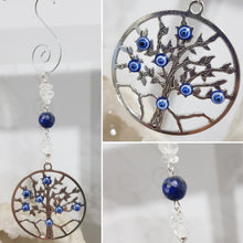 Load image into Gallery viewer, PROTECTION &amp; LOVE - Evil Eye Crystal Lapis Lazuli Tree of Life Silver Energy Enhancer / Hanger / Sun Catcher Hanger 170mm EE64
