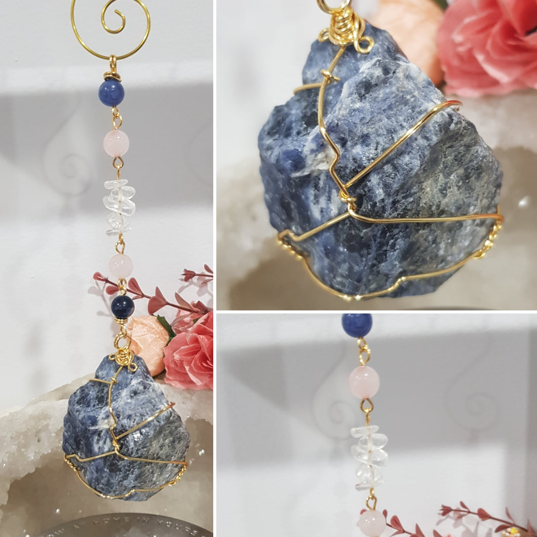 LOVE & EMOTIONAL BALANCE Sodalite Crystal Rough Gold Energy Enhancer Sun Catcher Suncatcher Crystal Hanger Ornament 1