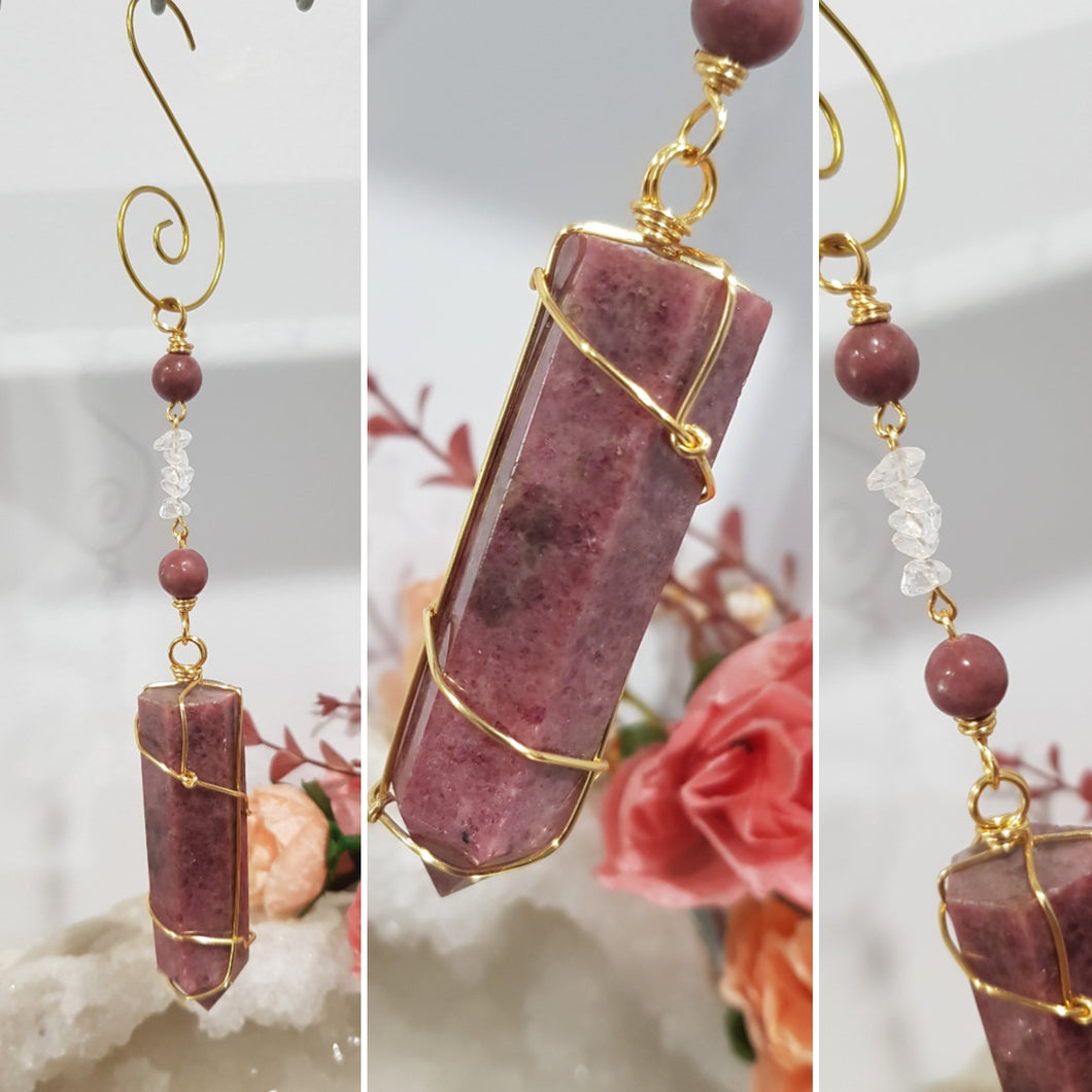 COMPASSION / SELF WORTH / SPIRITUAL GROWTH Rhodonite Crystal Point gold Energy Enhancer / Sun Catcher / Hanger 170mm 2