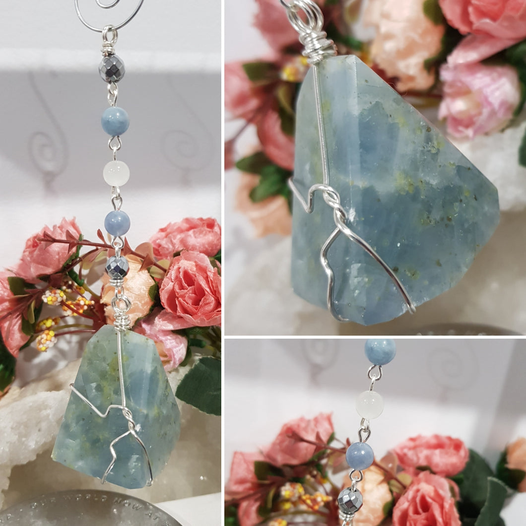 TRUST, SPIRITUAL AWARENESS & PROTECTION Aquamarine Freeform Crystal silver Energy Enhancer / Sun Catcher / Hanger / Ornament Stone 195mm 2