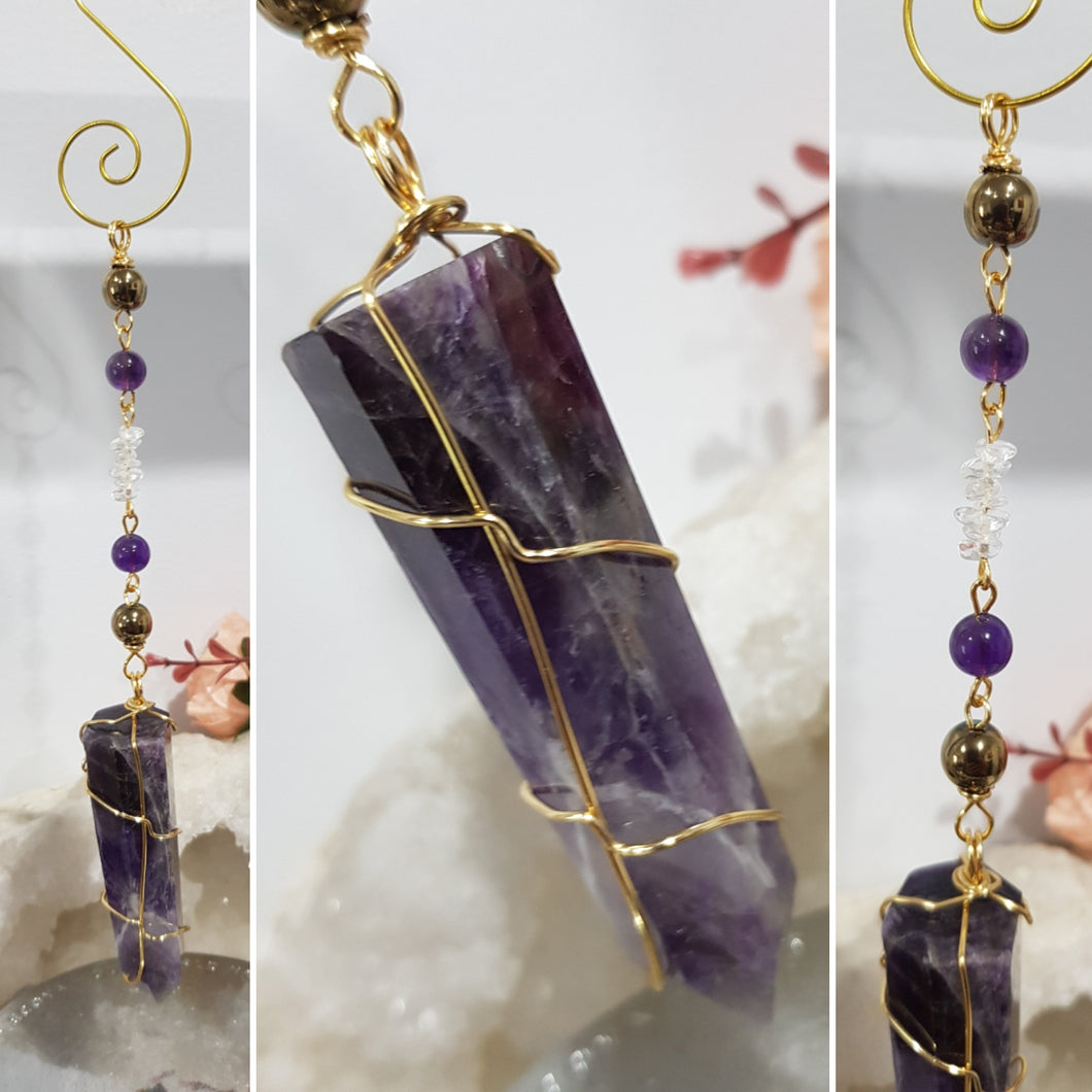 INTUITION / SPIRITUAL AWARENESS / PROTECTION Amethyst Chevron Crystal Point Gold Energy Enhancer / Sun Catcher / Hanger 205mm 9