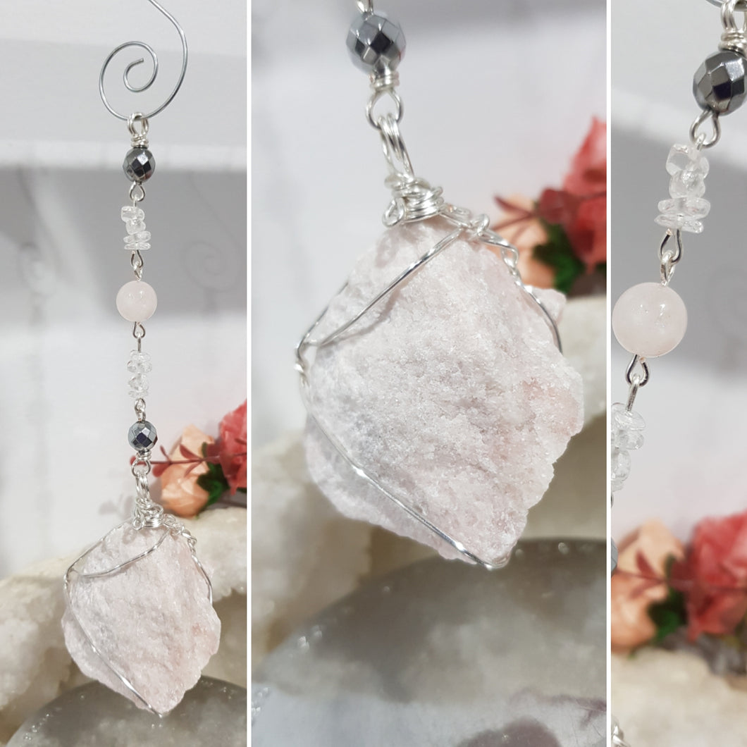 PATIENCE / LOVE / PROTECTION Pink Aragonite Rough crystal silver Energy Enhancer / Sun Catcher / Hanger / Ornament 200mm 3