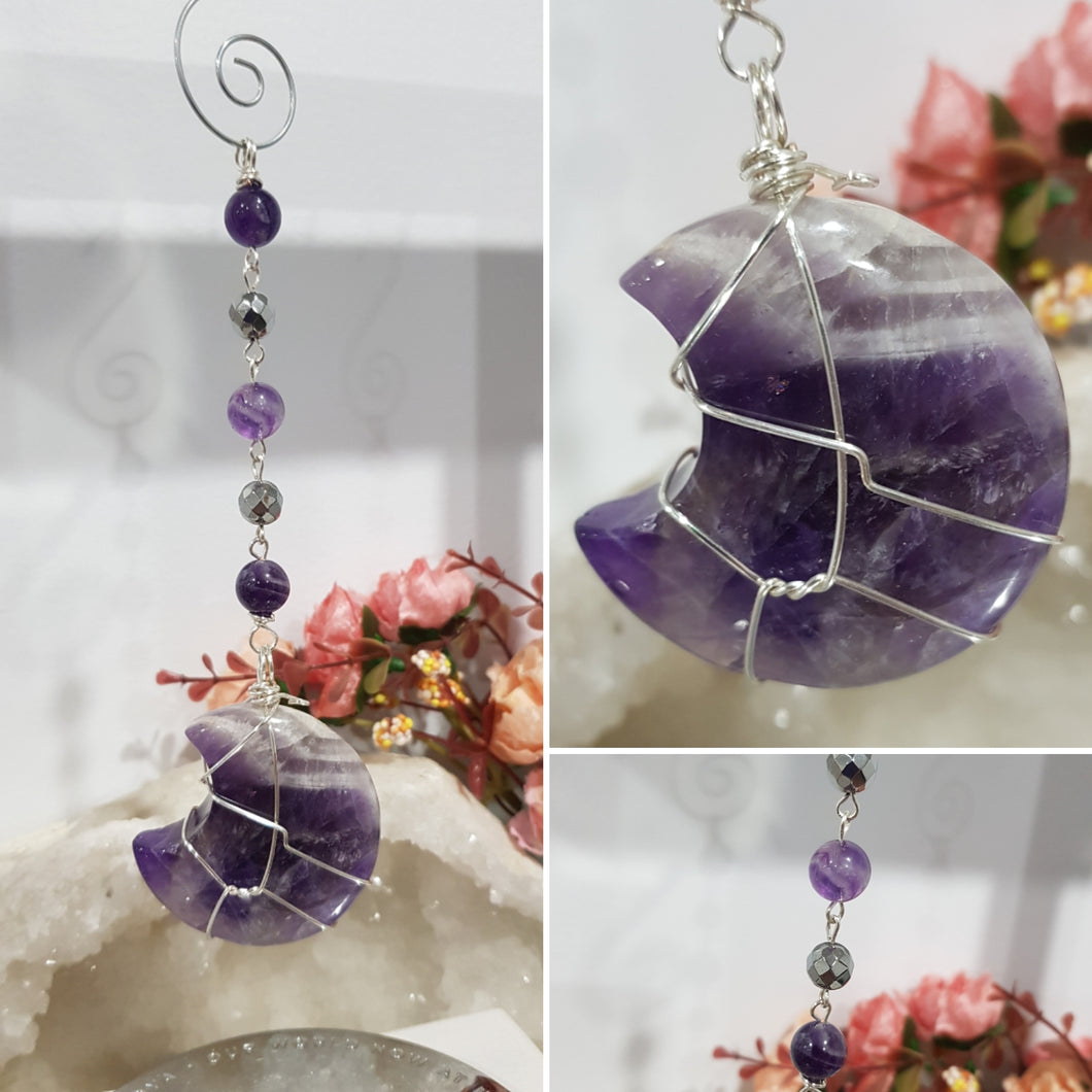 INTUITION / PROTECTION Amethyst Chevron Crystal Moon Silver Energy Enhancer Sun Catcher Hanger 190mm EE34